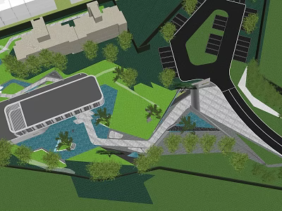 Modern Sales Office Building With Green Lawn Water Features Trees And Parking Area 3d model