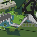 Modern Sales Office Building With Green Lawn Water Features Trees And Parking Area