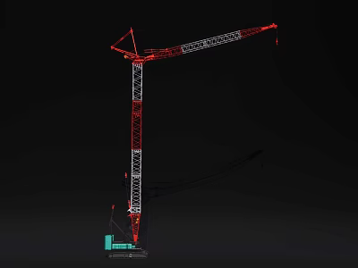 Red And White Industrial Tower Crane With Tall Structure Long Jib Black Background 3d model