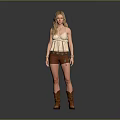 Blonde Woman in Beige Tank Top Brown Shorts and Brown Boots Standing Against Gray Background
