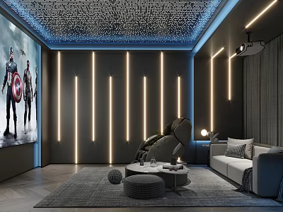 Modern Luxurious Home Theater Interior Design With Large Screen Vertical LED Lights And Comfortable Seating 3d model