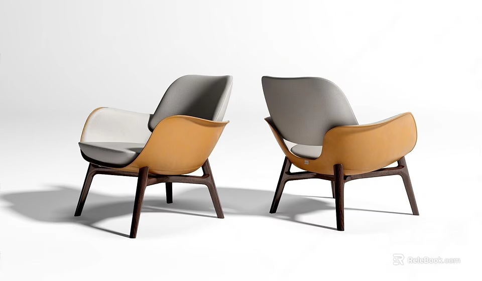 Two Modern Stylish Armchairs With Gray And Beige Upholstery And Walnut Wooden Legs 3d model 