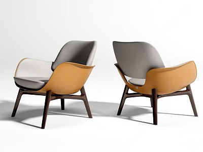 Two Modern Stylish Armchairs With Gray And Beige Upholstery And Walnut Wooden Legs 3d model