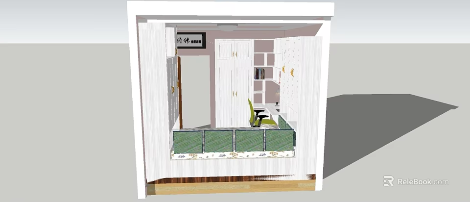 Cozy Small Room Interior With White Cabinets Shelf Yellow Chair And Green Railings 3d model 