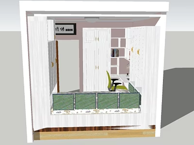 Cozy Small Room Interior With White Cabinets Shelf Yellow Chair And Green Railings 3d model