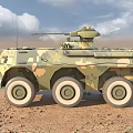 Military Camouflage Armored Vehicle With Six Wheels And Weapon Turret In Desert Terrain