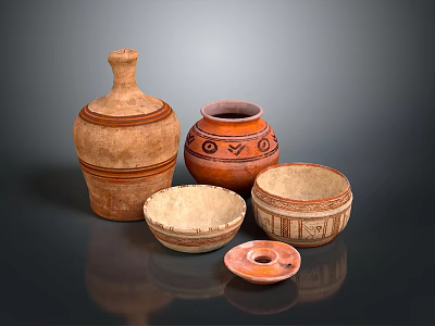 Handcrafted Clay Pottery Sculptures With Carved Patterns And Various Vessel Shapes 3d model