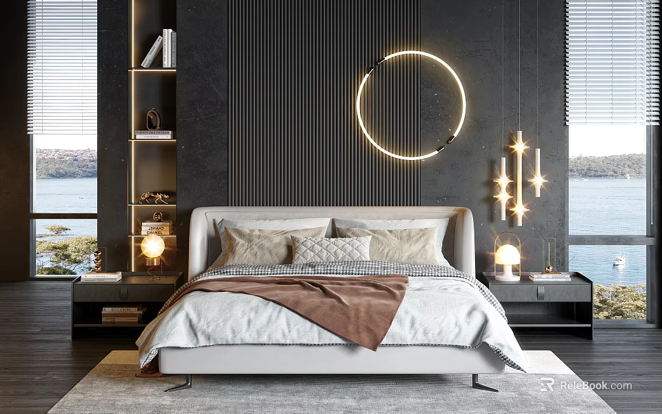 Modern Double Bed With White Bedding Round LED Light On Dark Striped Wall 3d model