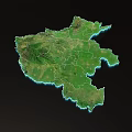3D Regional Terrain Model With Green Vegetation And Blue Coastal Edges