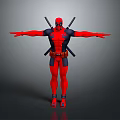 Deadpool Character in Red and Black Costume with Arms Outstretched Holding Katanas