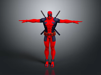 Deadpool Character in Red and Black Costume with Arms Outstretched Holding Katanas 3d model