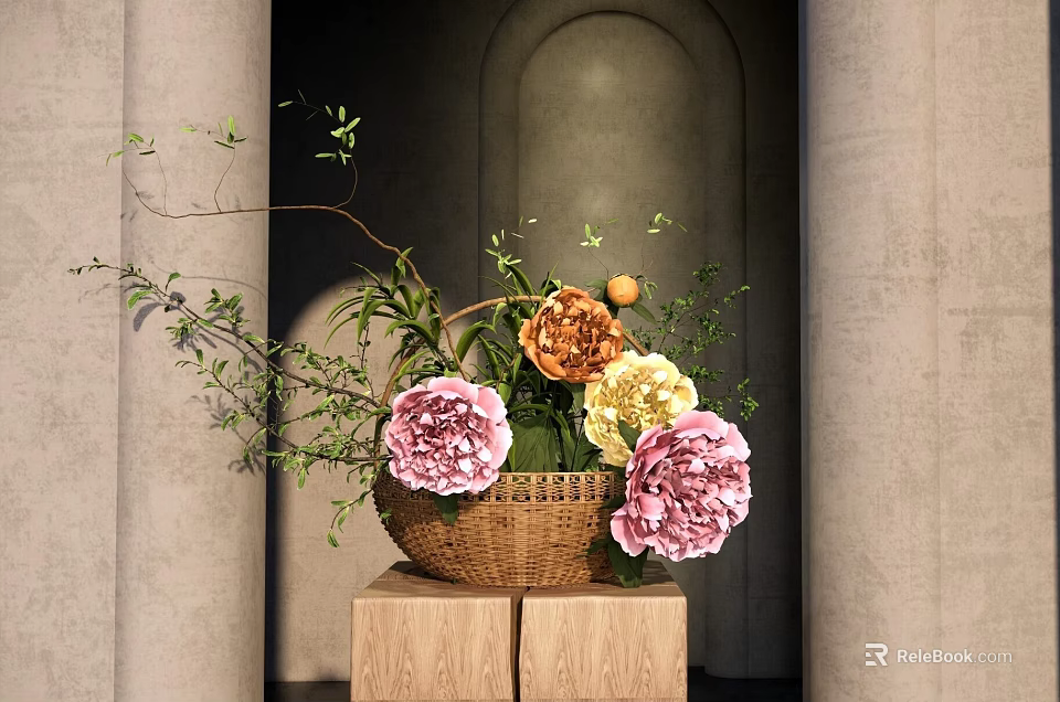 Wicker Basket Holding Pink Yellow Orange Flowers Green Leaves On Wooden Blocks Gray Wall Arch 3d model 