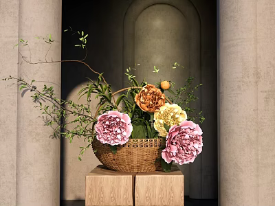 Wicker Basket Holding Pink Yellow Orange Flowers Green Leaves On Wooden Blocks Gray Wall Arch 3d model