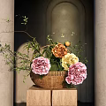 Wicker Basket Holding Pink Yellow Orange Flowers Green Leaves On Wooden Blocks Gray Wall Arch