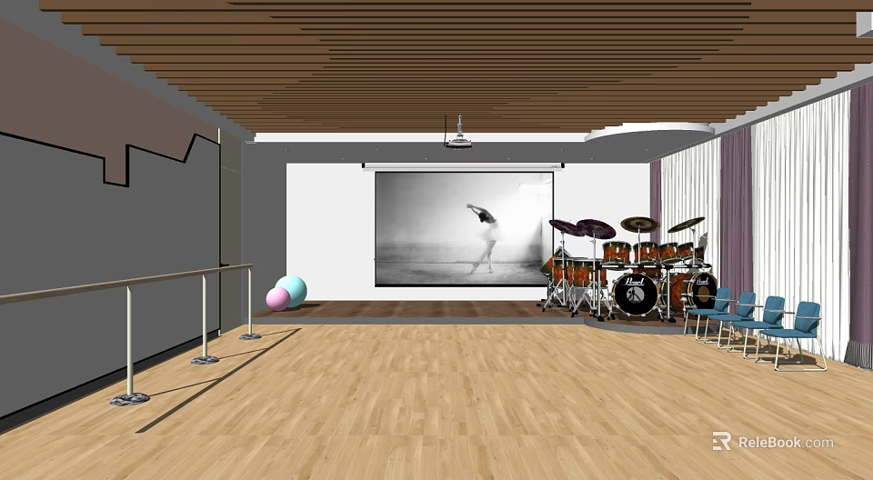 Fitness Studio With Dance Bar Fitness Balls Dancer Poster And Wooden Floor 3d model 