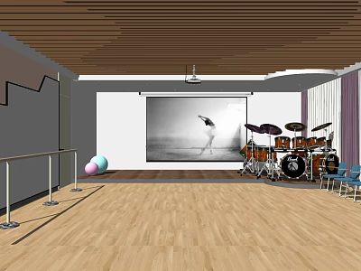 Fitness Studio With Dance Bar Fitness Balls Dancer Poster And Wooden Floor 3d model