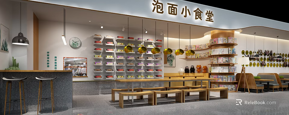 Instant Noodle Restaurant Interior With Shelves Of Noodles Wooden Tables And Hanging Lights 3d model 