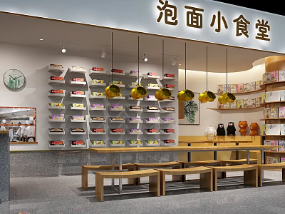 Instant Noodle Restaurant Interior With Shelves Of Noodles Wooden Tables And Hanging Lights 3d model