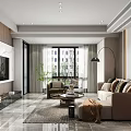 Modern Dining Living Room Interior With Marble Island Pendant Lights And Dining Chairs