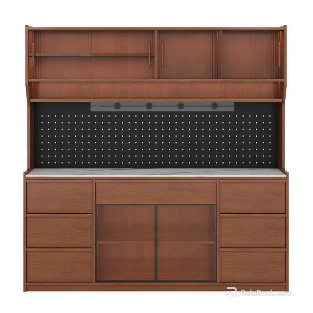 Wooden Sideboard with Storage Drawers Cabinet Doors and Black Pegboard Countertop 3d model 