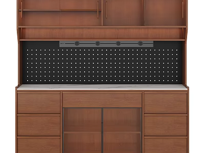 Wooden Sideboard with Storage Drawers Cabinet Doors and Black Pegboard Countertop 3d model