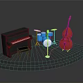 Stage Setup With Black Piano Blue Drum Set And Red Double Bass