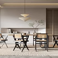 Modern Restaurant Interior With Wooden Dining Table Stylish Chairs Pendant Light Plant And Neutral Rug