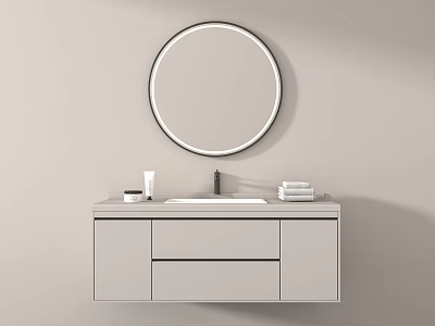 Modern Bathroom Vanity With Round Mirror Light Gray Cabinets And Countertop Toiletries 3d model