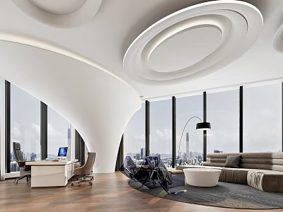 Modern Office Interior With Unique Ceiling Design Large Windows And City View 3d model