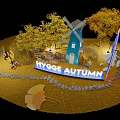 Hygge Autumn Themed Photo Spot With Blue Windmill Yellow Trees Small House And Arch