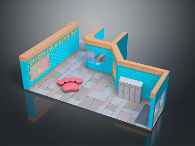 Modern Pet Grooming Shop With Blue Walls Pink Paw Print Seats Gray Lockers Tile Floor 3d model