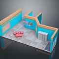 Modern Pet Grooming Shop With Blue Walls Pink Paw Print Seats Gray Lockers Tile Floor