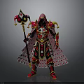 Hooded Armored Figure In Red Yellow Black Armor With Playing Card Motifs And Jester Staff