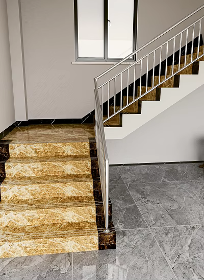 Beige Marble Staircase With Silver Metal Handrail And Gray Tiled Floor In Modern Interior 3d model
