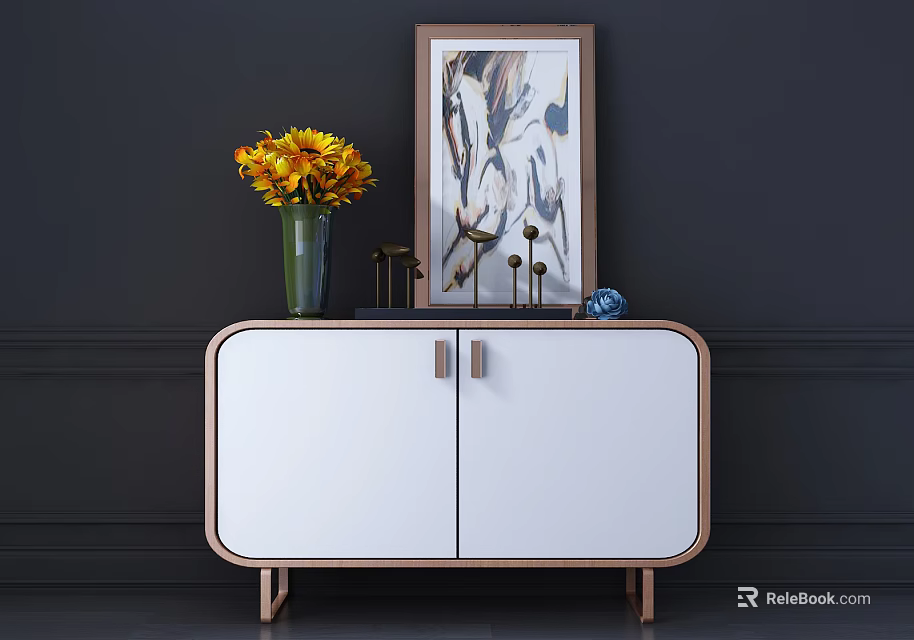 Modern White Entryway Console Cabinet with Wooden Frame Green Vase Yellow Flowers and Framed Artwork 3d model 