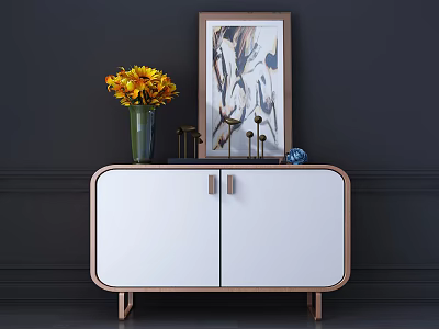 Modern White Entryway Console Cabinet with Wooden Frame Green Vase Yellow Flowers and Framed Artwork 3d model