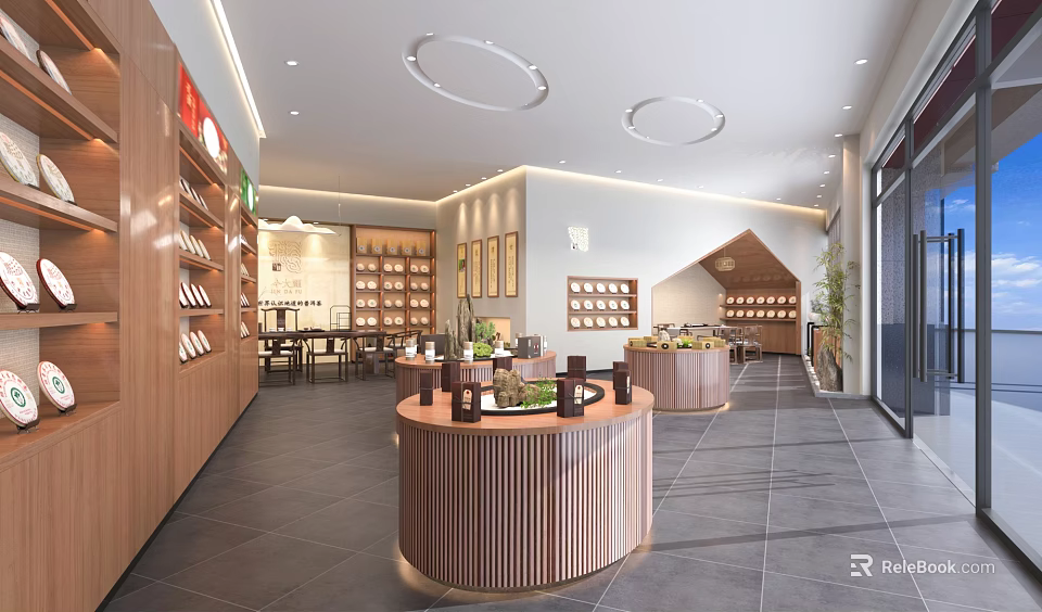 Modern Elegant Specialty Store Interior With Wooden Display Shelves And Round Display Counters 3d model 