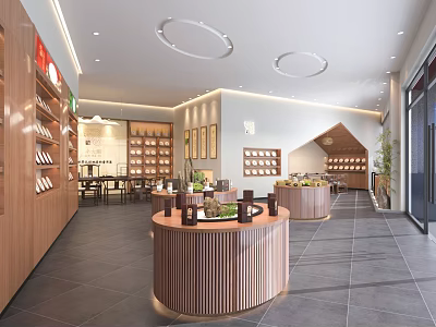 Modern Elegant Specialty Store Interior With Wooden Display Shelves And Round Display Counters 3d model