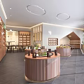 Modern Elegant Specialty Store Interior With Wooden Display Shelves And Round Display Counters