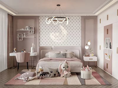 Elegant Modern Pink Kids Room with Moon Star Decor Stuffed Toys Desk Bookshelf and Rug 3d model