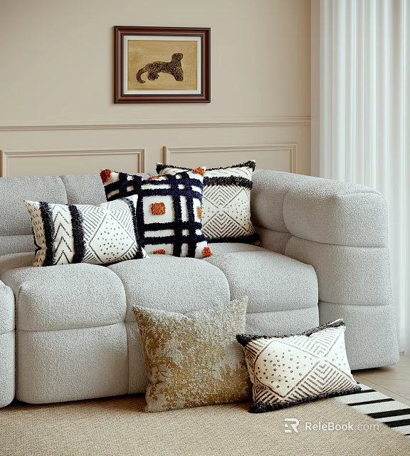 Cozy Modern Living Room Interior With Various Patterned Throw Pillows On Light Gray Sofa 3d model