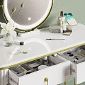 Decorative Ornament Set with White Dressing Table Gold Accents Round Mirror and Open Drawer Accessories