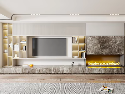 Modern TV Wall Unit With Bookshelves Marble Fireplace And Gray Cabinets 3d model Modern TV Wall Unit With Bookshelves Marble Fireplace And Gray Cabinets 3d model