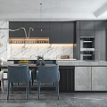 Modern Restaurant Interior With Dark Gray Cabinets Marble Backsplash Island And Dining Table