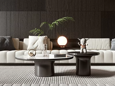 Modern Round Coffee Tables With Marble Tops Black Bases White Sofa Green Plant And Lamp 3d model