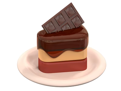 Tasty Layered Cake With Chocolate Glaze Yellow Red Layers And Chocolate Bar On White Plate 3d model