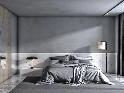Modern Bedroom Interior With Concrete Walls Gray Bedding Table Lamps And Dark Curtains 3d model