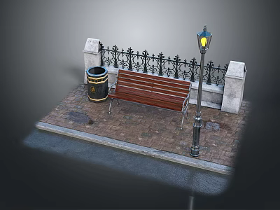 Classic Outdoor Bench With Trash Can Street Lamp Iron Fence And Brick Pavement 3d model