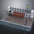 Classic Outdoor Bench With Trash Can Street Lamp Iron Fence And Brick Pavement