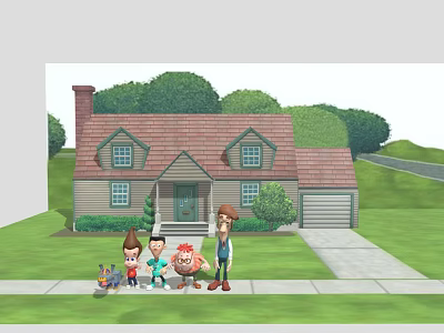 Cartoon Characters Standing In Front Of House With Lawn Trees And Driveway 3d model